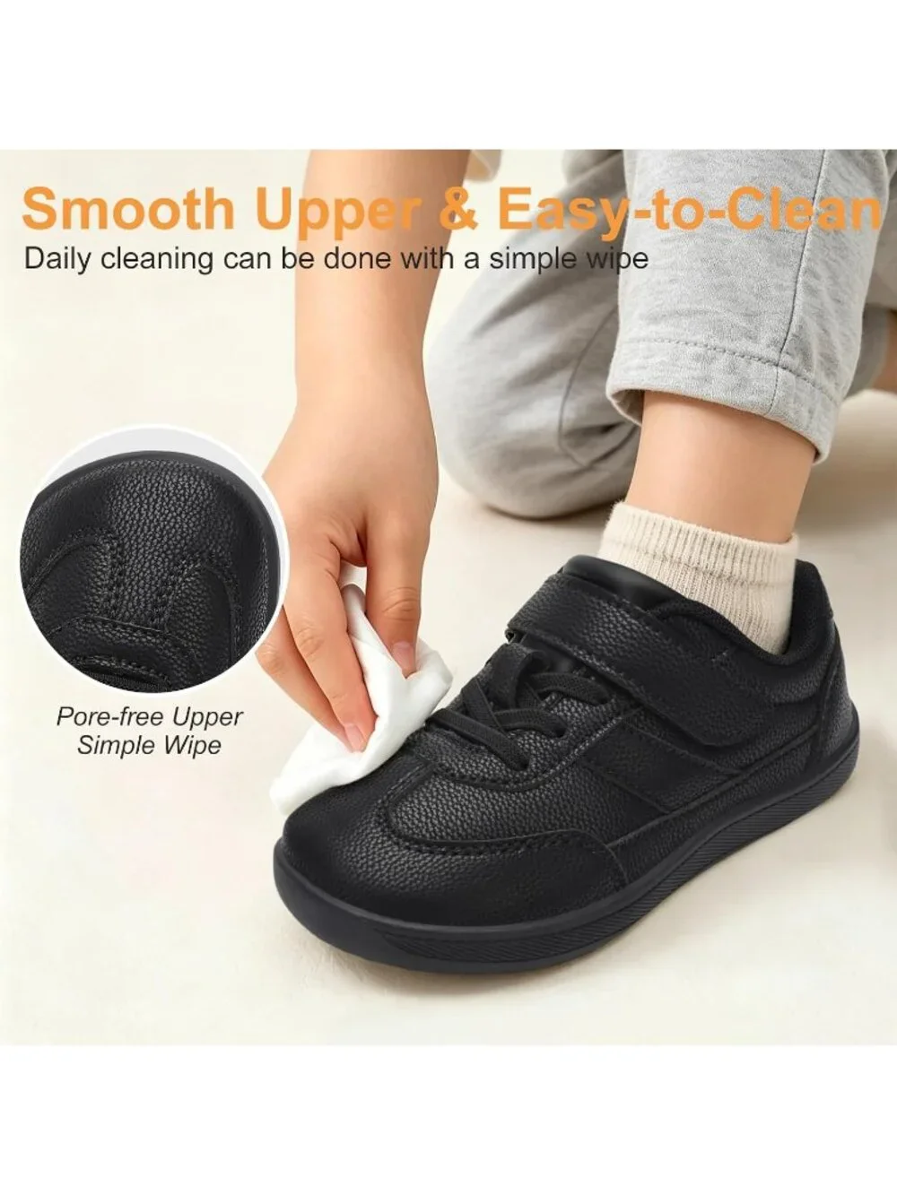 Toddler Black Faux Leather Boys Girls Wide Toe Zero Drop Barefoot Shoes Sneakers
